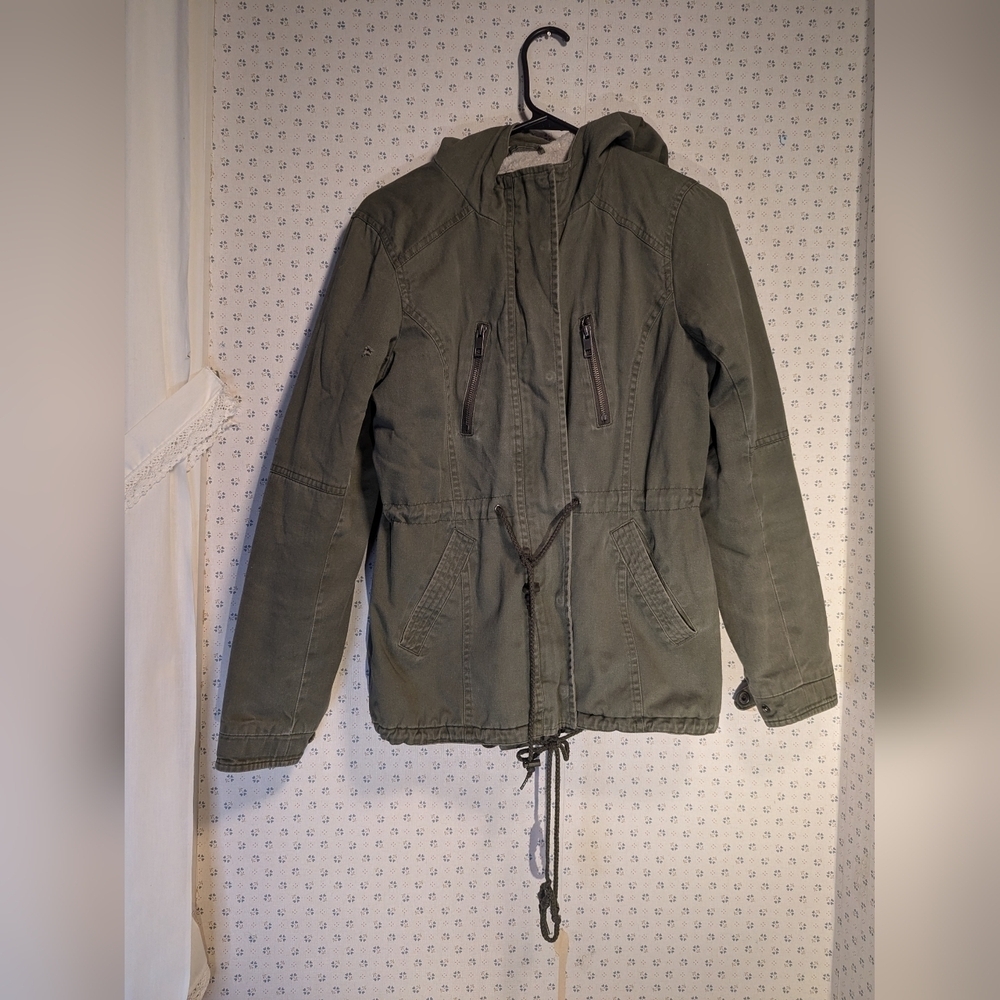 Jo Boxer Jacket women Medium Green khaki zip snap hood grunge goth army core
